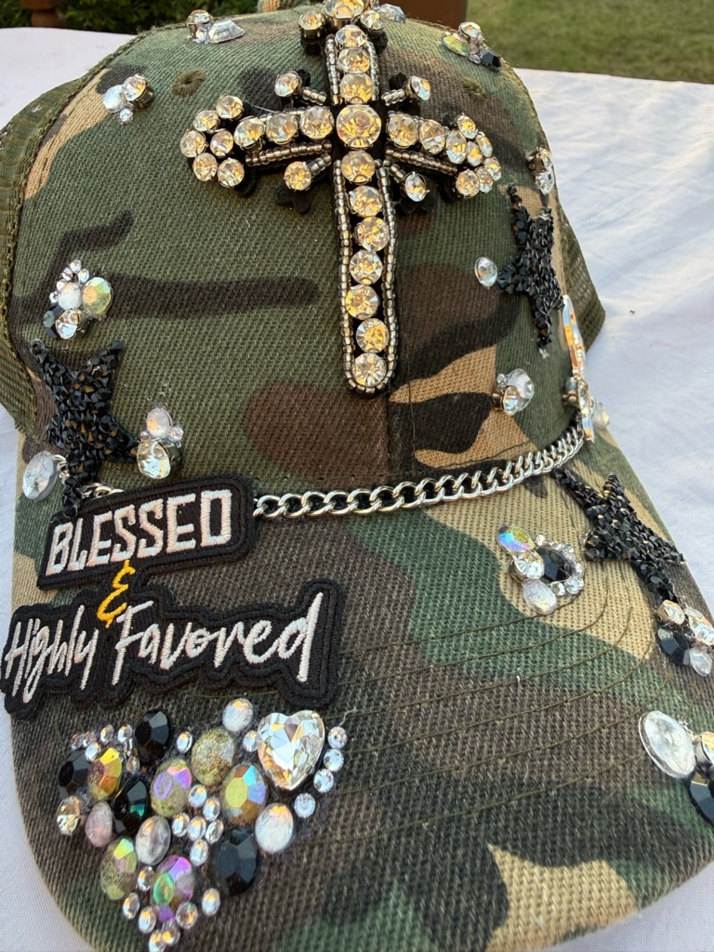Camo Embellished 'Blessed & Highly Favored' Baseball Cap